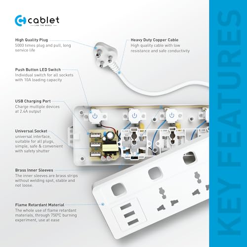 Image of Cablet 2500W Heavy Duty Extension Board with 3 USB Ports (2.4A), 3 Universal Sockets, Individual Switches, Safety Shutter, 10A Power Strip, 1.8M Copper Wire Cord, for Home & Office Use - 250V