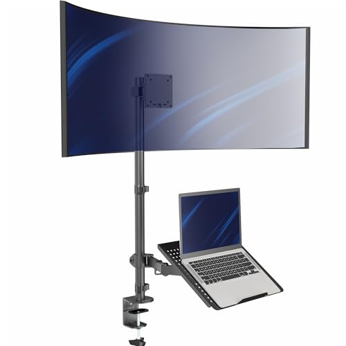 VIVO Extra Tall Desk Mount for up to 49 inch Ultrawide and Tray for up to 17 inch Laptop, Clamp-on Adjustable Stand Holds 44 lb Screens, VESA up to 100x100, Black, STAND-V012C