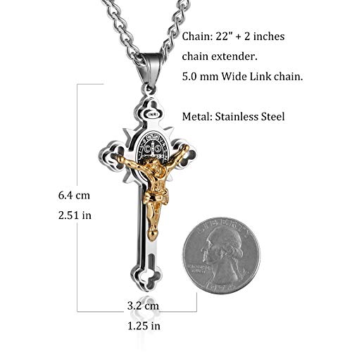 Hzman Stainless Steel Saint St St. Benedict Crucifix Cross Pendants Necklace Inri (Large Silver & Gold) #TOP3