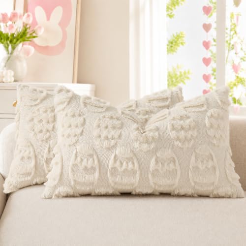 Image of decorUhome Easter Beige Egg Pillow Covers 12x20 Inch Set of 2, Soft Plush Faux Wool Jacquard Cushion Covers, Farmhouse Neutral Fuzzy Spring Easter Holiday Decor for Couch Sofa Bed