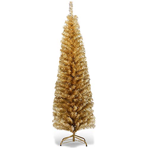 HAPPYGRILL 6 Feet Champagne Pencil Christmas Tree Artificial Slim Christmas Tree Skinny Xmas Tree with Metal Stand Realistic Unlit Pine Tree with 520 Branch Tips for Indoor Outdoor
