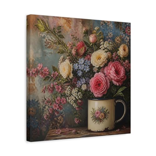 Toile florale rose bleu 40x40 cm pour habiller un mur vide