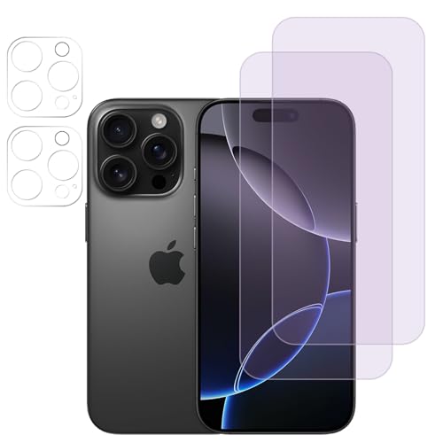 Vetro Temperato per iPhone 16 Pro Max Pellicola Protettiva Anti Luce + Fotocamera 2+2 Pezzi Protezione degli Occhi Anti Bluelight blu