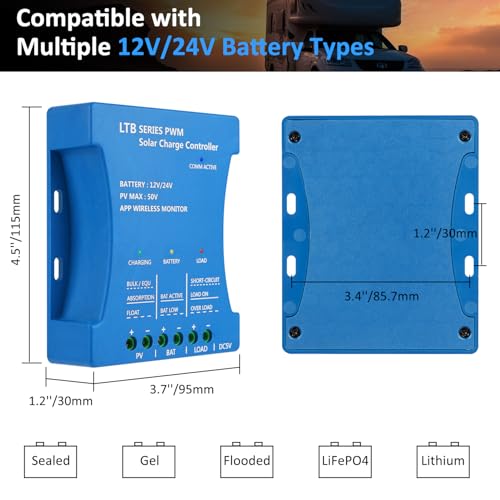 20A Bluetooth Solar Charge Controller 12V/24V Auto Matching Controller with APP Remote Monitor Intelligent PWM Solar Panel Regulator for Sealed, Gel, Flooded, LiFePO4, Lithium Batteries 7 Load Modes