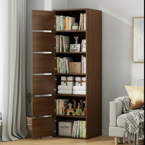 Image of Mevigo -Foldable Wooden Wardrobe for Bedroom | 6-Shelf Engineered Wood Storage Cabinet | Collapsible Cupboard Almirah for Clothes | Space Saving Wooden Wardrobe with Door- (Wallnuts