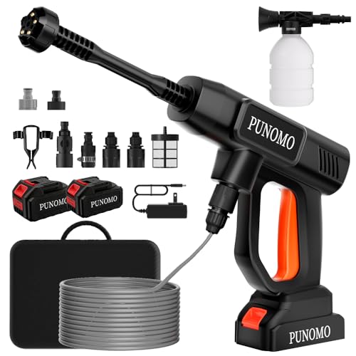 PUNOMO Cordless Pressure Washer Battery Powered, Brushless Portable Handheld Power Washer Gun w/ 2X 21V Batteries & Charger, 1800 PSI Max, 6-in-1 Nozzle, Foam Cannon, 19FT Hose for Car, Garden Patio