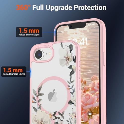 Image of VONZEE Compatible with iPhone 17e /iPhone 16e /SE4 Case, Luxury Retro Flowers Floral Clear Magnetic Wireless Charging PC+TPU Cute Glossy Shiny Cover for Girls Women, Pink