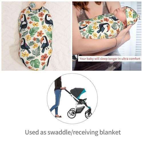 Image of Tropical Cute Toucans Newborn Swaddle Blankets Hat Sets Soft Baby Receiving Blanket Swaddle Sack for Baby Shower Infant Boy Girl Gift