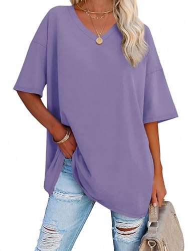 Image of ATHMILE Womens Oversized Shirts V Neck Plus Size Spring Workout Summer Tops Beach Vacation 2026 Gym Clothes Basic Tee