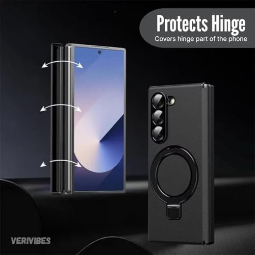 Image of Premium Leather Texture Case Compatible with Samsung Galaxy Z Fold 6 | Magnetic Ring Kickstand | 360 Hinge Protection | Slim Shockproof Back Cover - Black