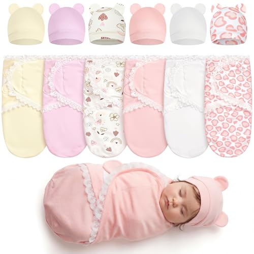 Image of Ramede 6 Pack Swaddle Blanket with Hats for Baby Girl Boy 100% Cotton Swaddles 0-3 Months, Adjustable Breathable Skin Friendly Receiving Blanket Wrap, Essential for Newborns(Lace,Light Color)