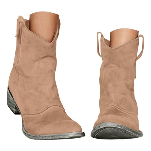 Cowboy Boots for Women Knee High Suede Pointed Toe Cowgirl Boot Vintage Retro Embroidered Pull-On Chunky Heel Western Booties