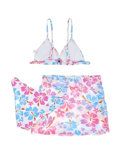 Image of Girl's 3 Piece Sets Floral Print Bikini Swimsuit High Waisted Bathing Suits with Beach Skirt Coverups Pink & Blue 170