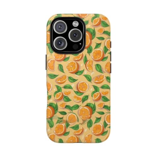 Coque rigide brillante motif fruits oranges pour iPhone 16 Pro, protection élégante antichoc