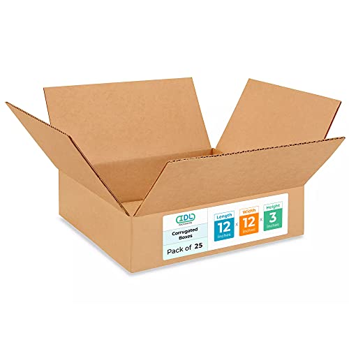 Medium Moving &amp; Shipping Boxes 12"L x 12"W x 3"H (25-Pack) - Extra Strength 200 lb vs Regular - Corrugated Boxes for Shipping - Packing Box for Moving Medium - Box to Pack by IDL Packaging