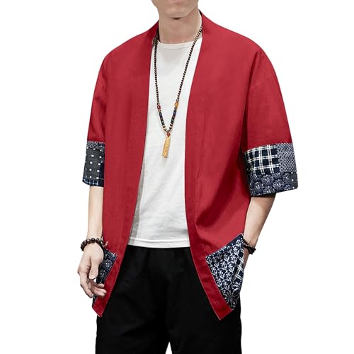 Image of PRIJOUHE Men's Kimono Jackets Cardigan Lightweight Casual Cotton Blends Linen Seven Sleeves Open Front Coat Outwear