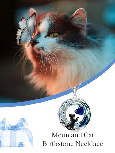 TOUPOP Cat Gifts for Cats Lovers Sterling Silver Black Cat Necklace Celtic Moon Birthstone Jewelry for Women Christmas Birthday Gifts for Her2