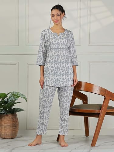 Image of 9shines Label Pure Cotton Printed Women Top & Pyjama Set | Pyjama co-ord Set | Night Suit | Lounge wear for Home | Nightwear Set for Women | Night Dress for Women Stylish (COPJ-5)