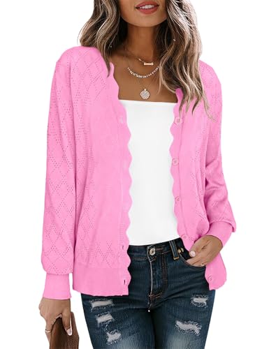 LILBETTER Women's Long Sleeve Button Down V-Neck Cardigan Sweater Dark Pink | Lightweight,Knit,Shrug,Open Front,Dark Pink,Summer,Casual,Travel,Ladies Trendy,Thin Dress Cardigan,Fall,Winter,2026