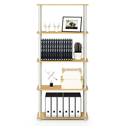 Image of Furinno TURN-N-TUBE Storage Shelves, 5-Tier Book Shelf, Corner Shelf, Toolless Open Shelves, for Organization and Storage, Living Room, Garage, Home Office, Beech