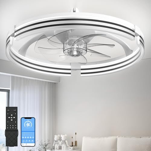 AIKVSXER - Ventiladores de techo con luces y mando a distancia, 20 pulgadas de perfil bajo con control de aplicación, ultra silencioso, 3CCT y 6 velocidades de viento para recámara, sala de estar