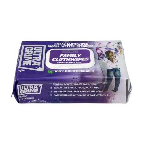 UltraGrime Family XXL+ Biodegradable Cleaning Wet Wipes - Big Size Pomelo Scented Indoor Dirt & Grime Wipes - Multi-Purpose Heavy-Duty Cleaning Cloths (80 Thick Large Wipes) Cover