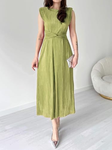 Image of Pleated Maxi Dress Wedding Guest Cocktail Shoulder Pad Crewneck Sleeveless Front Twisted Elegant A-Line Dress