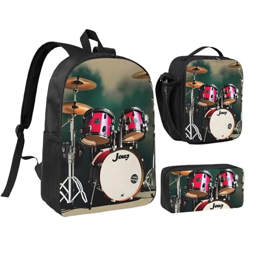 Jazz drum print Backpack Bookbag for Daily Use,3 Pcs Backpack Set with Lunch Box and Pencil Case