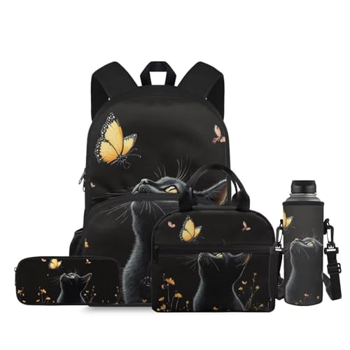 Black Cat Elementary Backpack for Boys Soft Cute Bookbags for School with Pencil Case Portable Kids School Backpack with Lunch Box and Water Bottle Sleeves for Girls Kindergarten