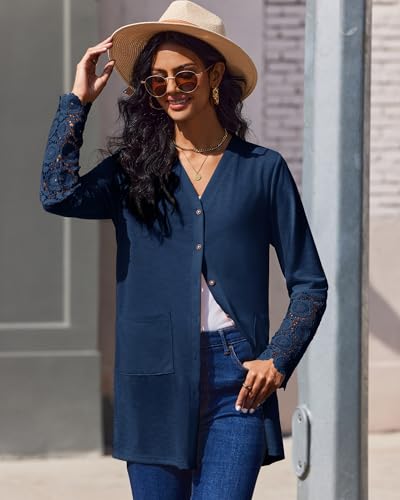 Womens Lightweight Cardigan Casual Long Lace Sleeve Knitted Cardigan Sweaters Open Front Button Down Pockets Outwear4