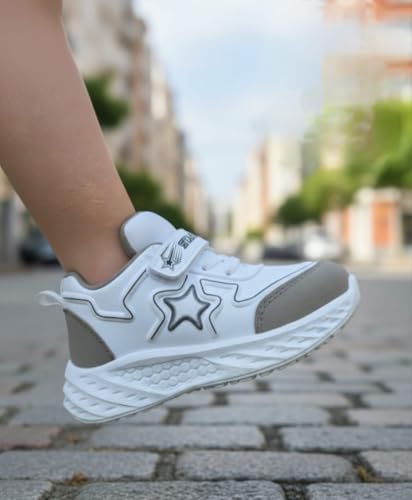 Image of High Fashion Kids Athletic Sneakers, White and Grey Sports Shoes, Breathable Synthetic Mesh, Hook and Loop Closure, Ages 4-8 Years, Summer Collection