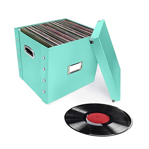 Image of Snap-N-Store Vinyl Record Storage Box - 12 inch - 1 Pack- Crate Holds up to 75 Vinyl Albums - Mint | Collapsible LP holder with lid, snaps together for easy assembly, stylish record organizer for shelf display