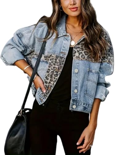 Women’s Leopard Print Spliced Distressed Ripped Denim Jacket Long Sleeve Pockets Jean Jacket Coat