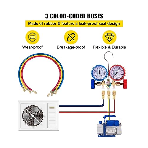 Bomba de vacío refrigerante BUUBO, 4 CFM, monoetapa, 1/3 HP, para mantenimiento de aire acondicionado doméstico y sistemas de refrigeración, incluye manómetro y mangueras miniatura 6