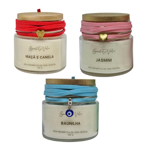 Kit Com 3 Velas aromáticas (Maçã e canela, Baunilha e Jasmim)