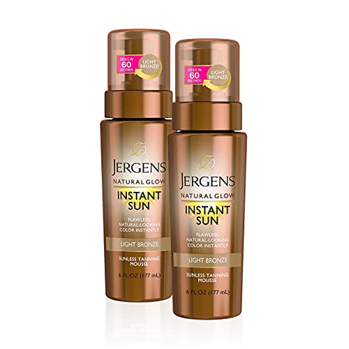 Image of Jergens Natural Glow Instant Sun Body Mousse, Self Tanner for Light Bronze Tan, Sunless Tanning Body Bronzer for Natural Looking Color Instantly, 6 Oz, Pack of 2
