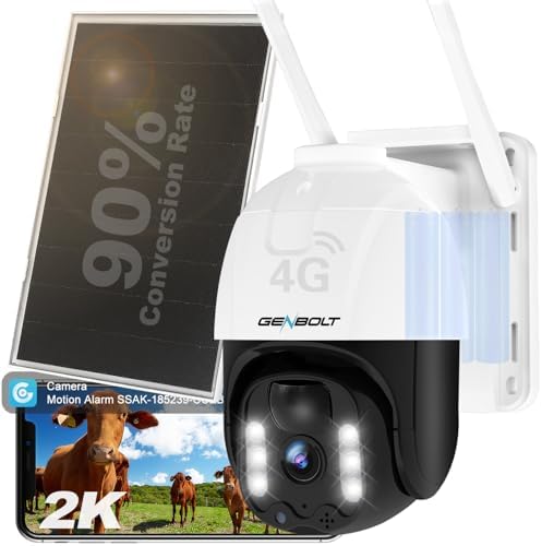 4G LTE Cellular Solar Security Cameras Wireless Outdoor, GENBOLT Battery Operated 2K PTZ IP Camera with 8W Solar Panel,15600mAh Rechargeable Spotlight Surveillance Camera System, PIR Siren Alarm