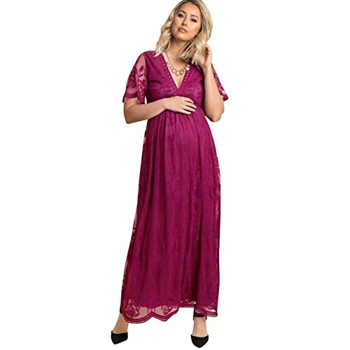 Women Deep V Neck Long Evening Maternity Dress Casual Short Sleeve Floral Lace Elegant Cocktail Party A Line Maxi Dress Summer Pregnancy Baby Shower Photo Shoot Formal Gown for Photography Purple Red