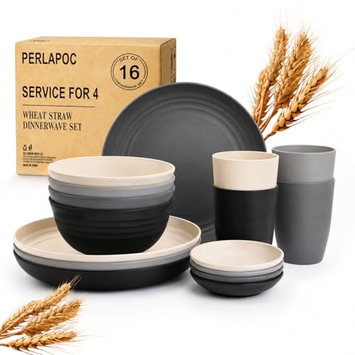 Image of Wheat Straw Dinnerware Sets 16 PCS - Unbreakable Kids Plates and Bowls Sets for 4,Dishwasher & Microwave Safe Modern Lightweight Toddler Plates and Bowls Set for RV,Travel,Camping - Grey Stone