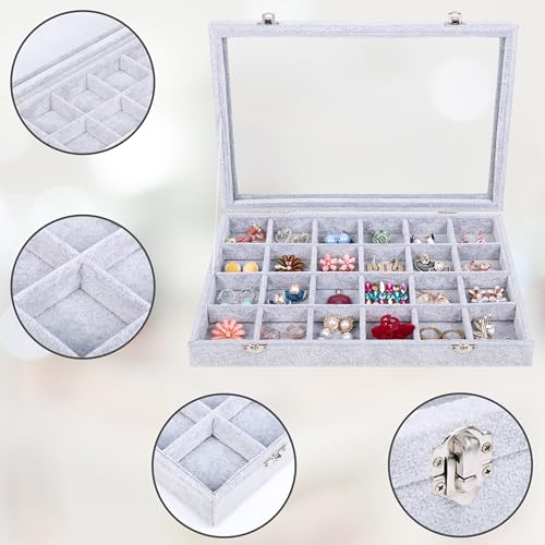 BELLE VOUS Velvet Jewellery Box - Earring Storage Organiser with 24 Grids & Clear Glass Lid - Grey Jewellery Storage Display Case for Rings, Earrings, Charms, Pendants