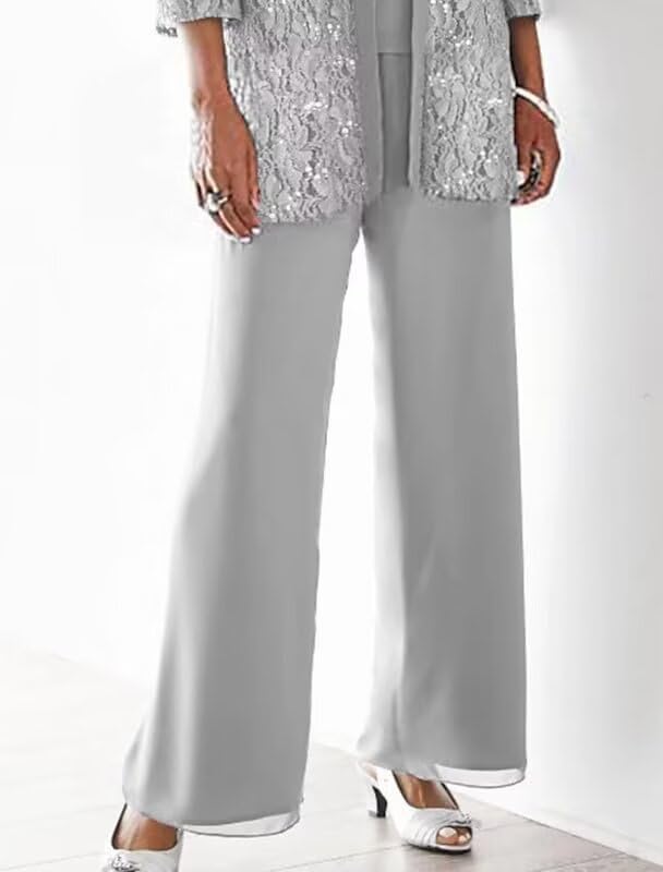 3 Pieces Mother of The Bride Pant Suits with Jacket 3/4 Sleeve Lace Chiffon Dressy Pants Outfit for Women4
