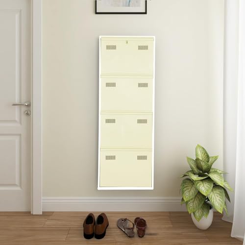 Image of Metal Shoe Rack Wall Mounted for Home with Central Locking | 4 Door 20 inch Wall Mounted Metal 8 Pair Shoe Rack Cabinet | Pre-Assembled Rack Shelves |3 Year Warranty (Ivory)
