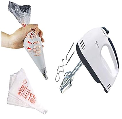 EEEZEEE Icing Bag (Pack of 100 Pcs) 30 X 20 cm for Cake Decorating + Scarlett Super 7 Speed Hand Mixer for Kitchen Egg Cake/Cream Mix, Food Stainless Blender,Beater