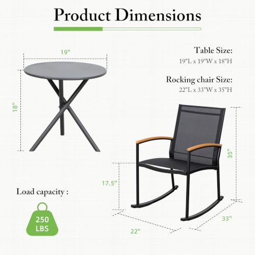 Image of Shintenchi 3 Pieces Patio Rocking Bistro Sets,Outdoor Textilene Fabric Conversation Bistro Set,Front Porch Rocker Chairs Small Patio Furniture Set with Table for Lawn,Garden,Balcony(Black)