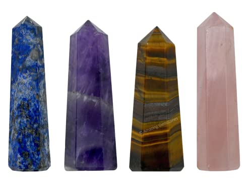 Image of Amazing Gemstone Set of 4 Lapis Lazuli, Tiger Eye, Amethyst, Rose Quartz Crystal Towers - Natural Healing Crystal Point Obelisk for Reiki Healing and Crystal Grid (2 Inch to 3 Inch)