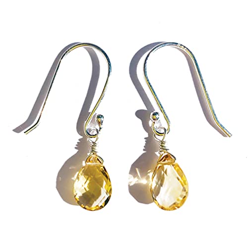 Joyfulmuze Handmade Natural Citrine Earrings, Faceted Teardrop Dangle Quartz, Bright Yellow Pear Drops, Hand Wrapped Sterling Silver Jewelry, Premium Natural Crystals for Women