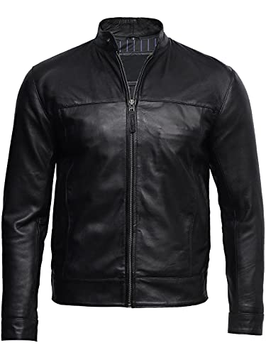 BRANDSLOCK Mens Leather Biker Jacket Black Vintage Look Biker Style Crinkle Retro