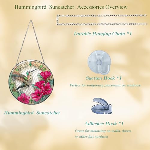Handmade Stained Glass Hummingbird Suncatcher, 8 inch Real Glass Window Hanging Hummingbird Gifts for Bird Lovers Sun Catcher Indoor Decor Birds Painted Catcher