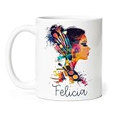 Makeup Artist Silhouette White Cup, Custom Glamorous Art-Themed Ceramic Mug, Personalized Makeup Artist Coffee Cup 11oz 15oz, Customized Name Colorful Brush And Cosmetic Design Mug