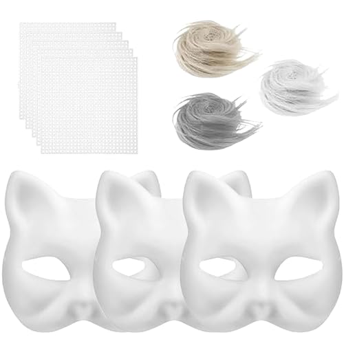 Halloween máscara de gato 3 peças, Therian Mask DIY Set com pele sintética e rede para os olhos, DIY Therian máscara gato kit, para artesanato de bricolagem, Halloween, festa de cosplay